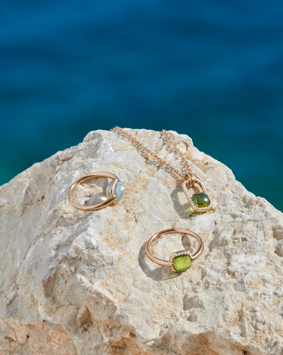 A group of jewelry on a rock Description automatically generated